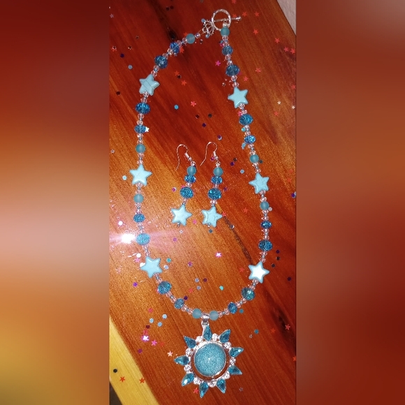 Sunburst Star Sunstone Rhinestone Crystal Turquoise Pendant Necklace Earrings - Picture 10 of 11